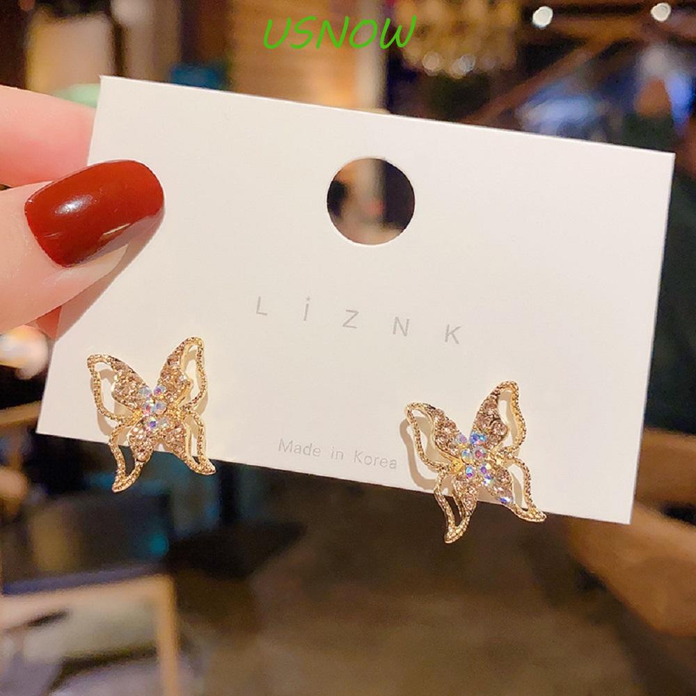 USNOW Hoa Tai Dáng Dài Mặt Hình Bướm Đính Đá Nhân Tạo Thời Trang