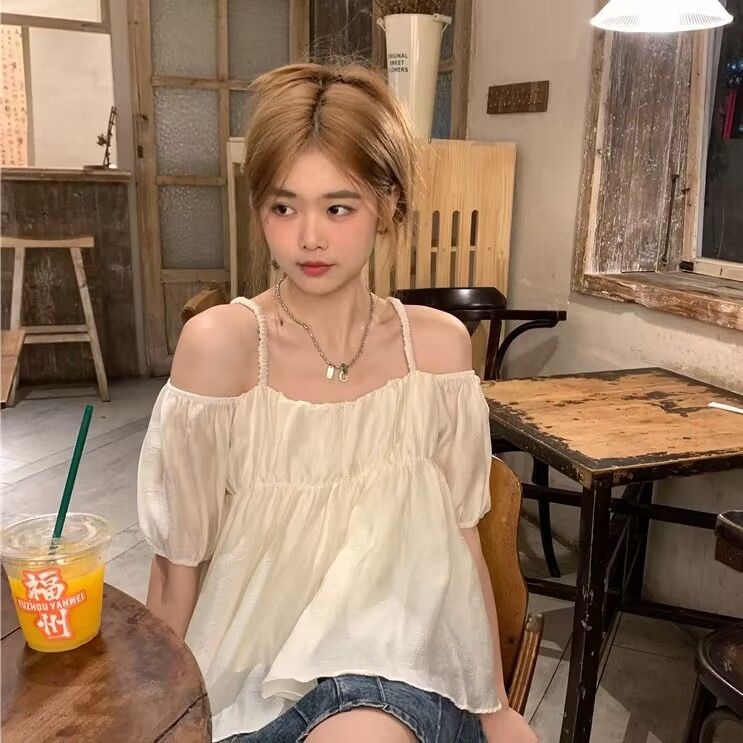 Áo Sơ Mi chiffon Tay Ngắn Hở Vai Dáng Rộng Phong Cách Nhật Bản Dành Cho Nữ