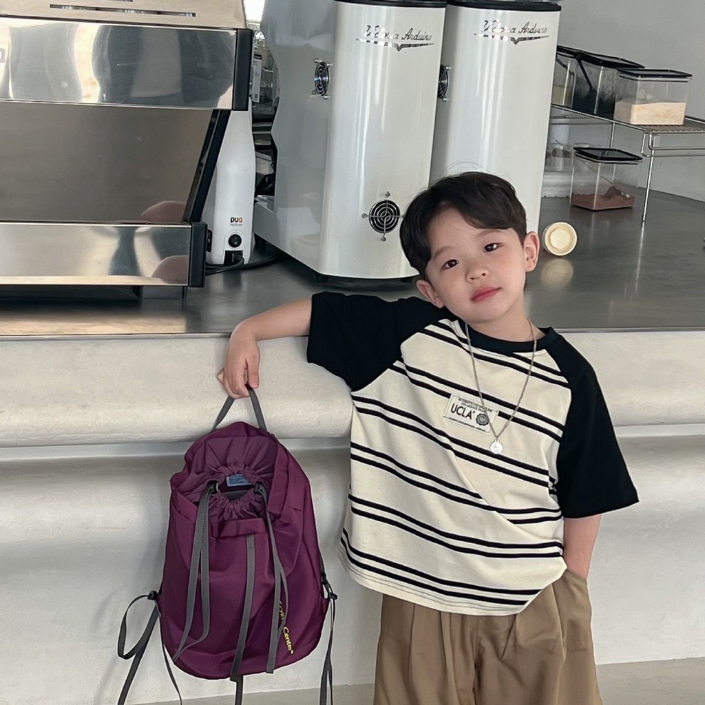 Áo Thun Raglan Tay Ngắn Họa Tiết Sọc Ngang Trắng Đen Bằng Cotton Thoải Mái Thời Trang Mùa Hè Cho Bé Trai