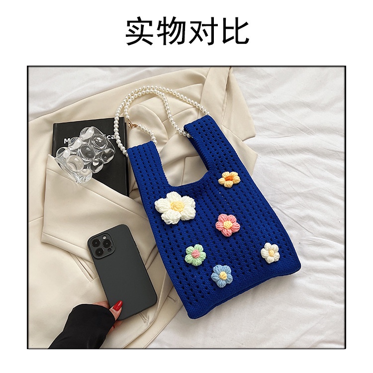 Túi Tote Đeo Vai Mùa Hè 2023 Bằng Vải Dệt Kim Phối Dây Xích Ngọc Trai Rỗng Xách Tay Cho Nữ