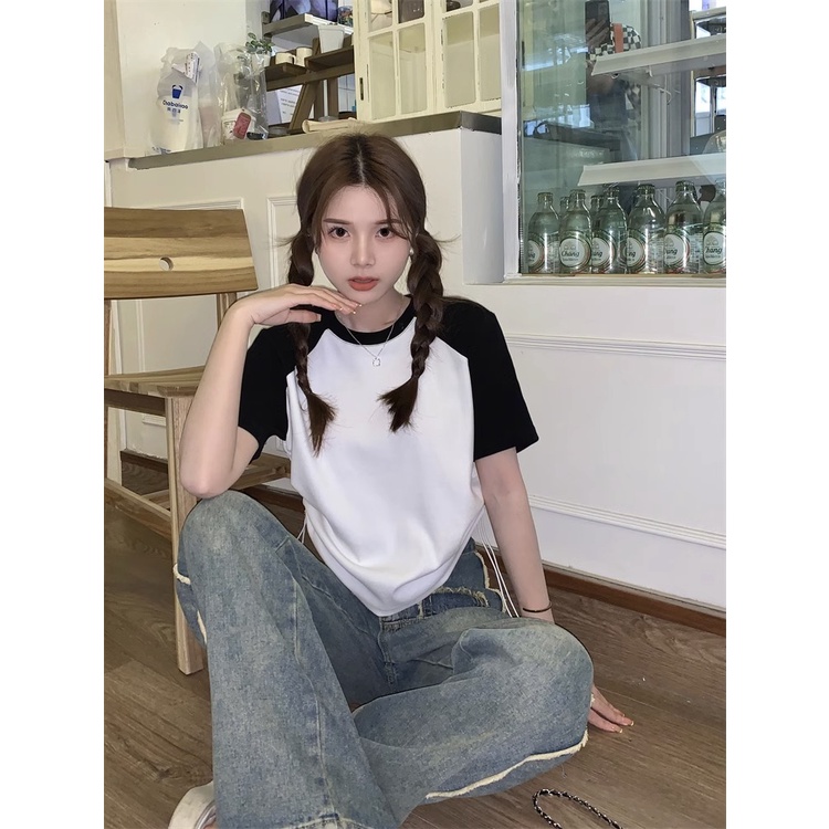 Áo Croptop Tay Ngắn Cổ Tròn Chất Liệu 100% Cotton Dáng Ôm Phong Cách Hàn Quốc Thời Trang Cho Nữ