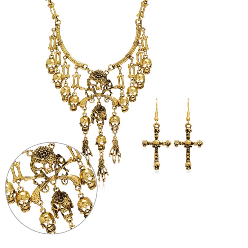 Ygt Set Vòng cổ + Bông Tai Hình Đầu Lâu Cướp Biển Nhiều Tầng Phong Cách Cổ Điển Cho Nữ