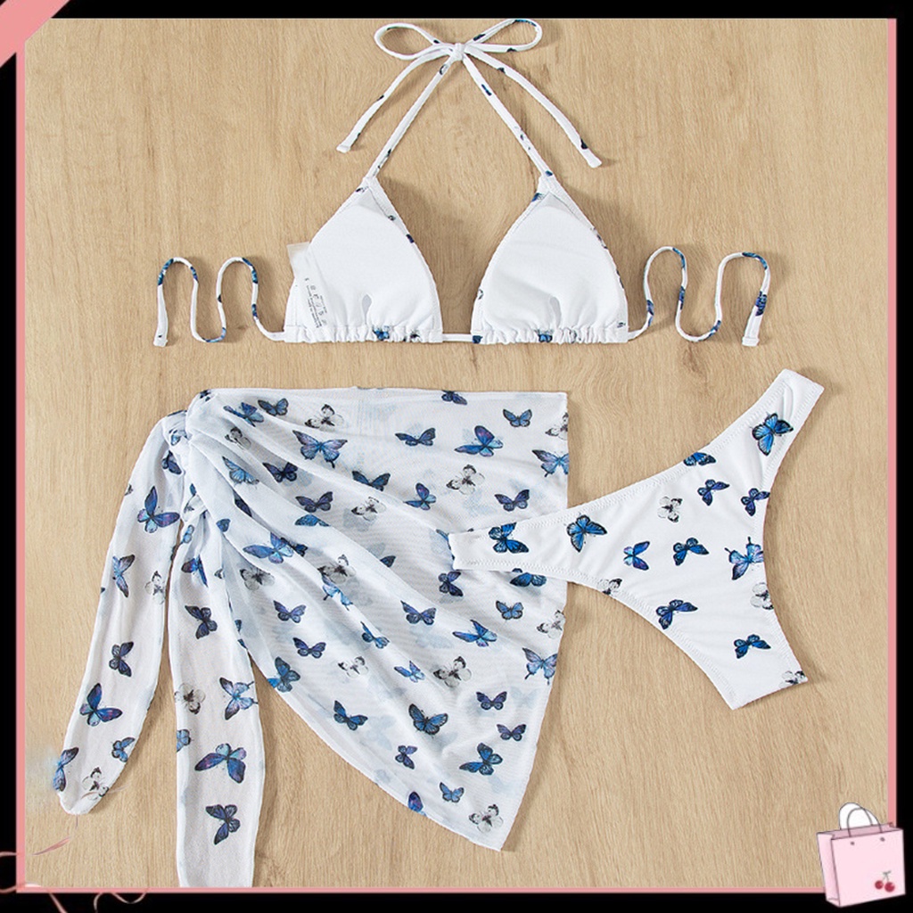 Bộ Đồ Bơi 3 Mảnh Hở Lưng In Họa Tiết Bướm / Tam Giác Quyến Rũ Cho Nữ