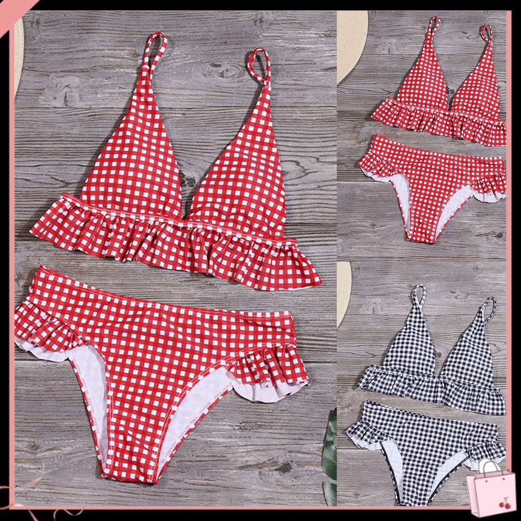 Bộ Đồ Bơi 2 Mảnh Trễ Vai Nhún Bèo Họa Tiết Caro Thời Trang Đi Biển Cho Nữ