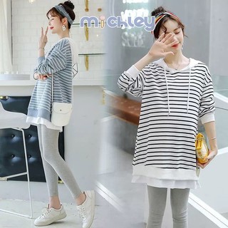 Set áo thun dài tay sọc ngang + quần yếm ống rộng thời trang cho mẹ bầu