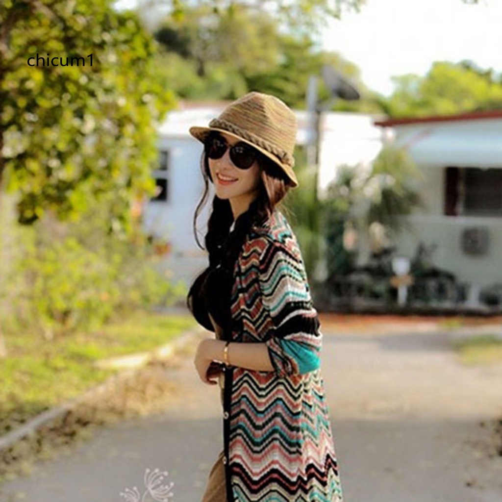 Mũ Cói Rộng Vành Kẻ Sọc Phong Cách Bohemian Cho Nữ