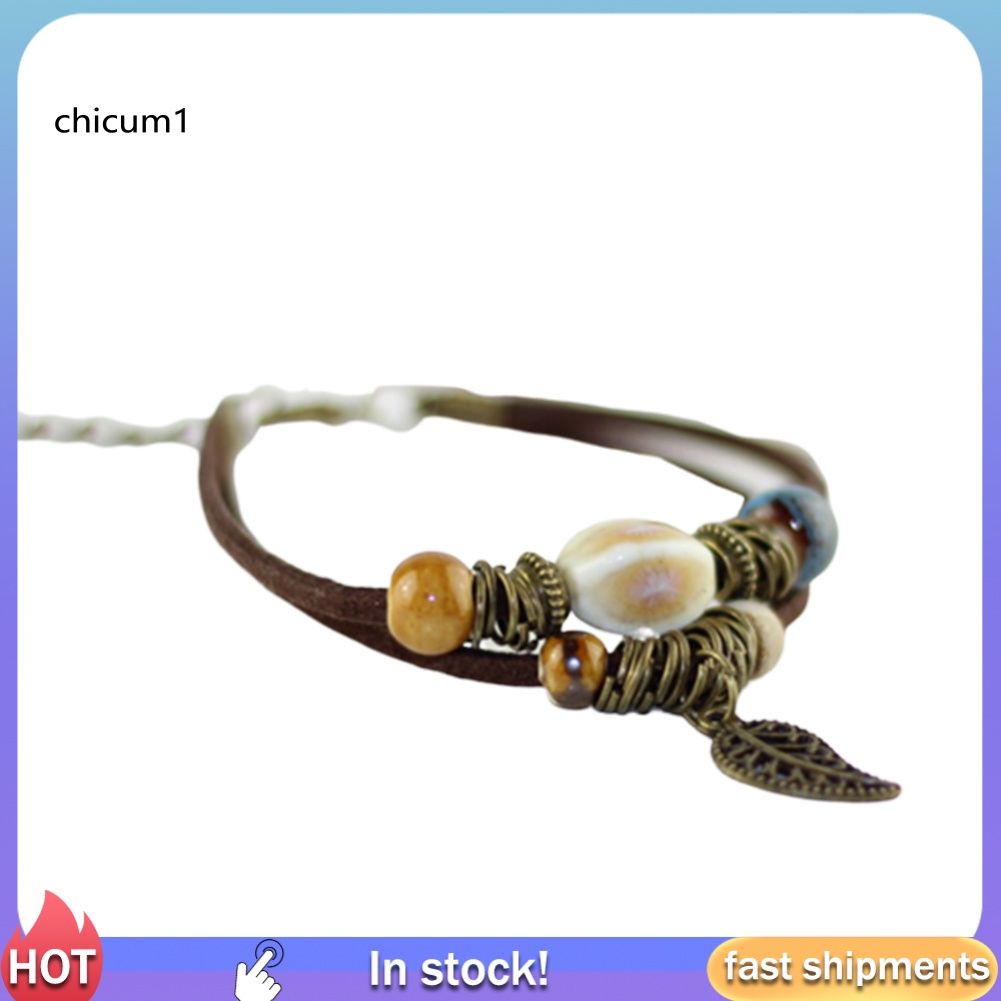 Vòng Tay Da Hai Lớp Đính Hạt Gốm Và Lá Phong Cách Bohemian