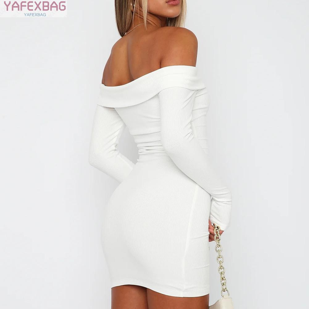 Women Autumn Sexy Off Shoulder Long Sleeve Bodycon Solid Basic Casual Dress