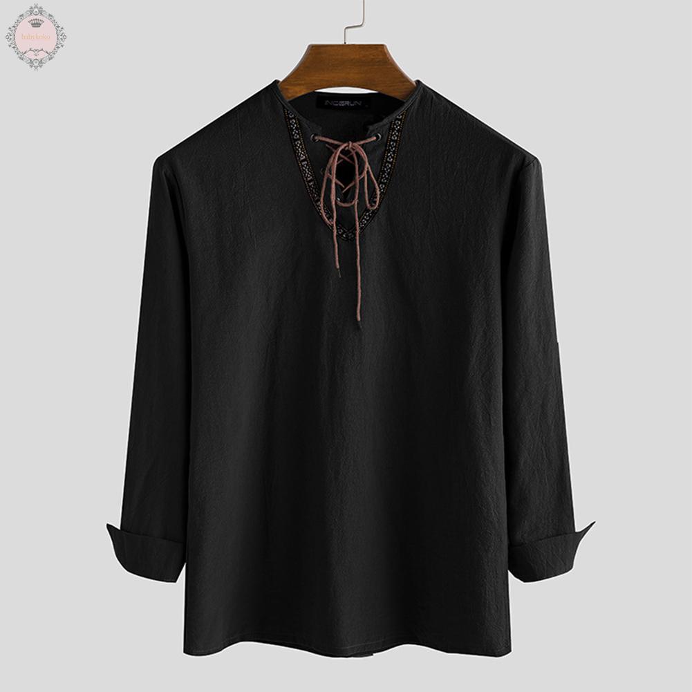 Retro Style Men's Vintage Long Sleeve Blouse Loose Fit T Shirt for Medieval Look