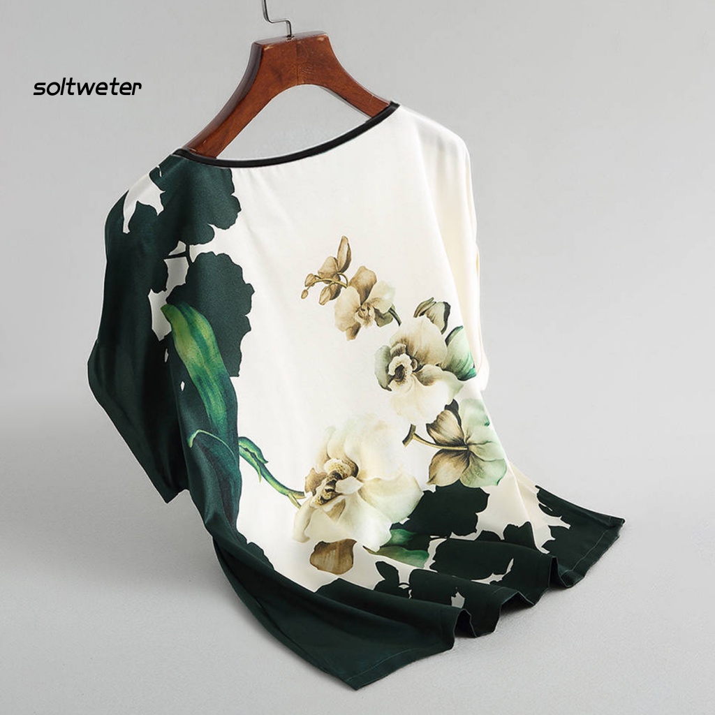 Áo Thun Lụa Lạnh Cổ Thuyền In Họa Tiết Hoa Thời Trang Mùa Hè Xinh Xắn Cho Nữ