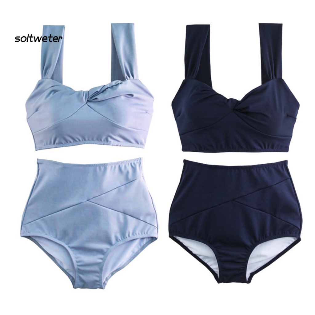 Bộ Bikini Hai Mảnh Màu Trơn Lưng Cao Có Đệm Ngực Gợi Cảm Cho Nữ