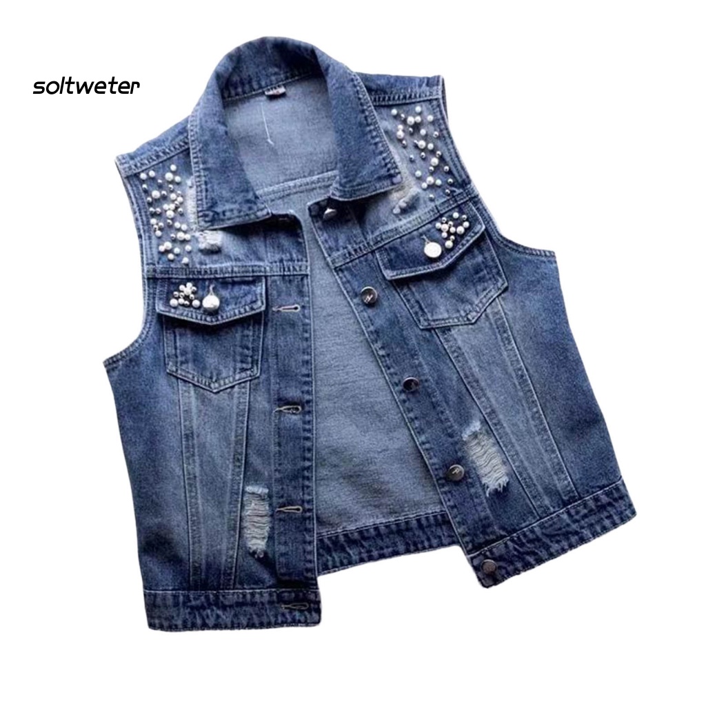 Áo Khoác Denim Sát Nách Màu Trơn Cài Một Hàng Nút Có Túi Và Lỗ Xỏ Hạt Trang Trí Đường Phố Cho Nữ