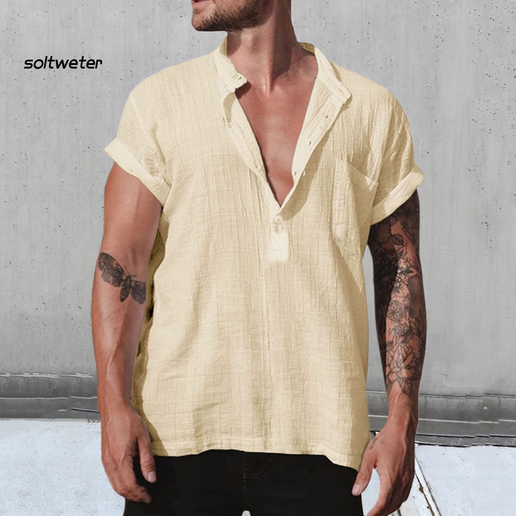 Áo Sơ Mi Cổ Đứng Tay Ngắn Dáng Rộng Màu Trơn Cài Nút Thời Trang Mùa Hè Cho Nam