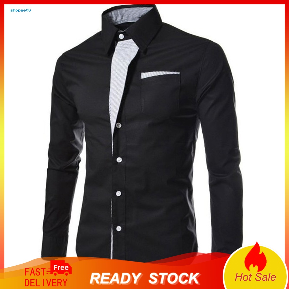 Áo Sơ Mi Nam Dài Tay Cổ Đứng Dáng Ôm Cài Nút Phối Màu Thời Trang