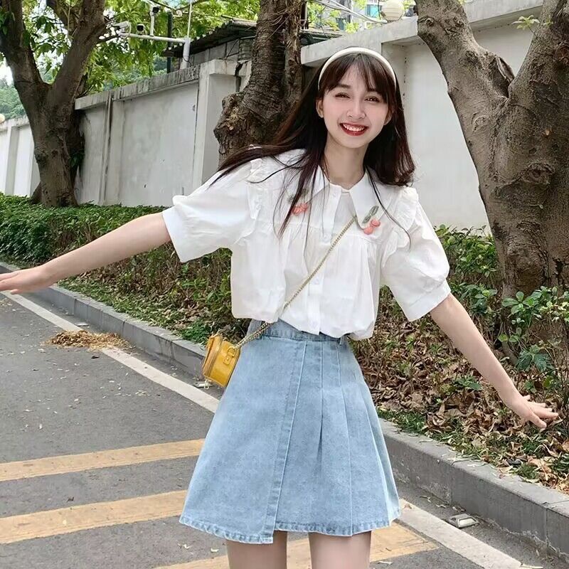 Áo Sơ Mi Tay Ngắn Dáng Rộng Cổ Búp Bê Thiết Kế Độc Đáo Thời Trang Cho Nữ