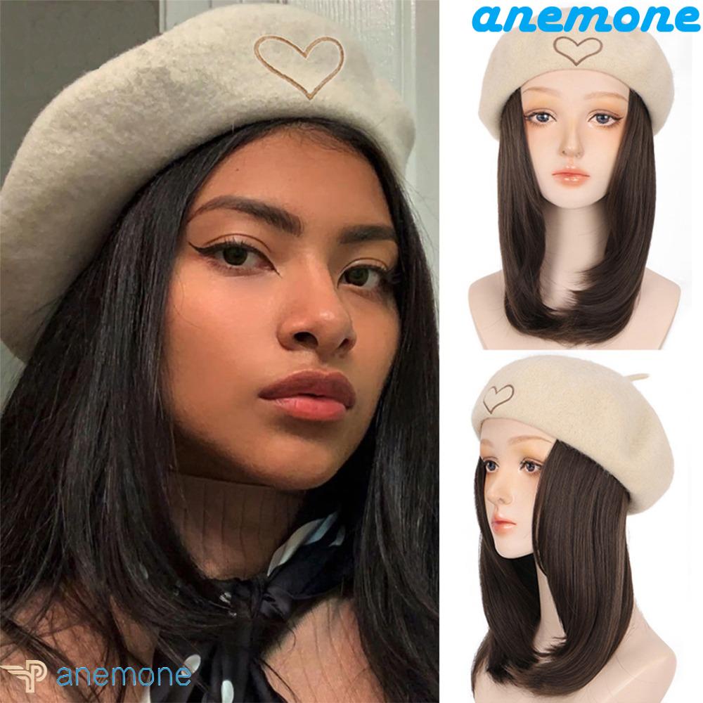 ANEMONE Mũ Beret Dệt Kim Phối Tóc Giả Màu Nâu / Đen Cách Nhiệt Thời Trang Mùa Đông Chất Lượng Cao Cho Nữ