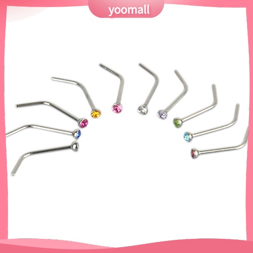 Set 10 Khuyên Mũi Thép Không Gỉ Đính Đá Nhân Tạo Thời Trang