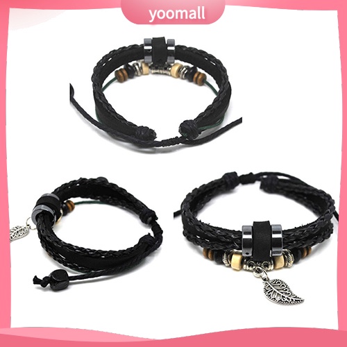 Vòng Tay Giả Da Nhiều Lớp Đính Hạt Và Mặt Hình Lá Có Thể Điều Chỉnh Kích Thước Unisex