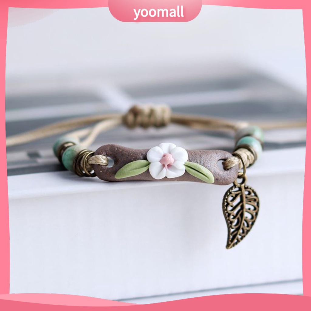 [YM] Vòng Đeo Tay Dây Bện Gắn Hạt Gốm Lá Rỗng Có Thể Điều Chỉnh Làm Quà Tặng Trang Sức Thời Trang Cho Nữ Sinh