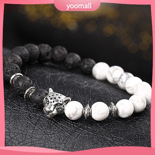 Vòng Tay Chuỗi Hạt Đá Tự Nhiên Mạ Bạc Phối Mặt Hình Đầu Báo Thời Trang Cho Nam Nữ