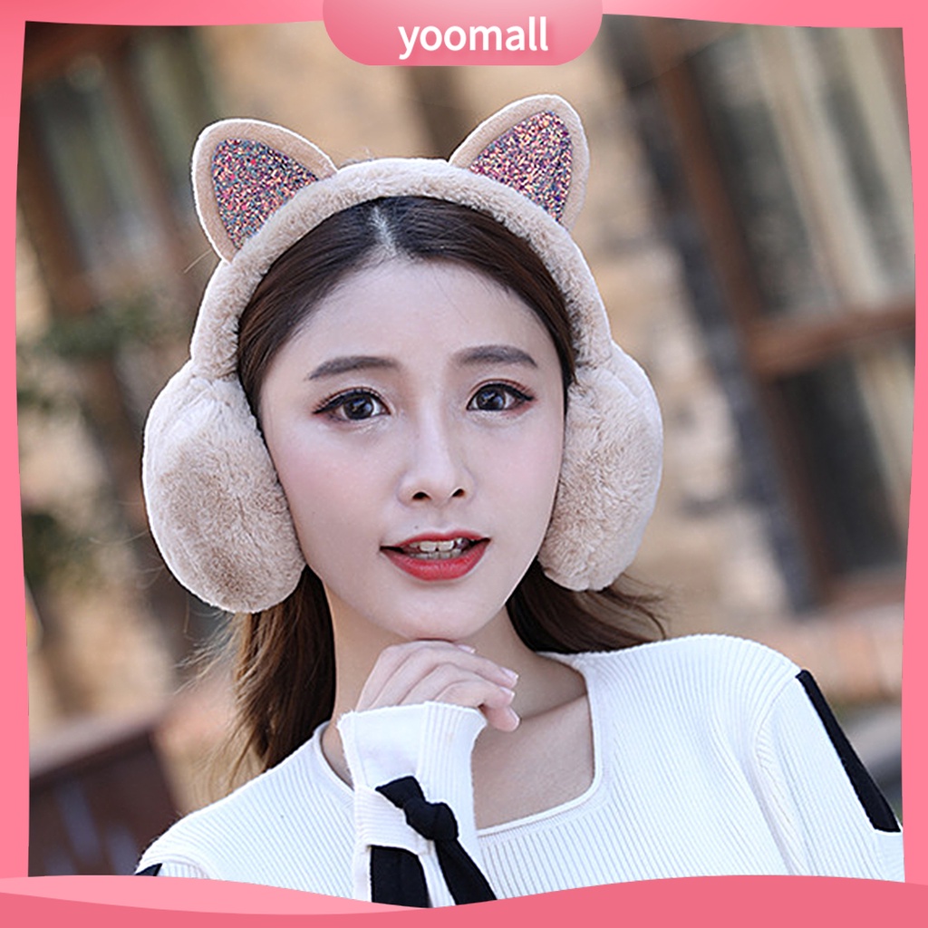 Chụp Tai Giữ Ấm Mùa Đông Hình Tai Mèo Lấp Lánh Cho Nữ