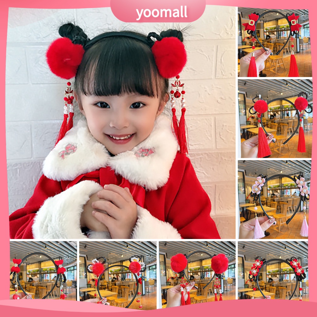 Băng Đô Nơ Đính Ngọc Trai Co Giãn Phối Bóng Lông Tua Rua Phong Cách Trung Hoa Mừng Năm Mới Cho Bé Gái