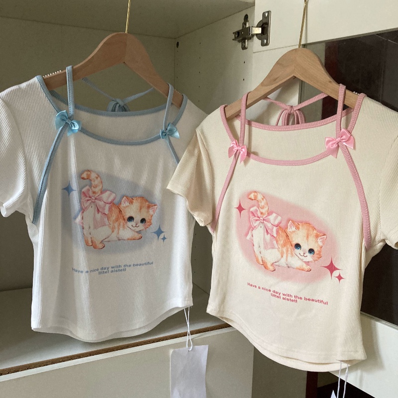 Áo Sơ Mi Ngắn Tay Thắt Nơ Họa Tiết Mèo Dopamine Đáng Yêu Cho Nữ