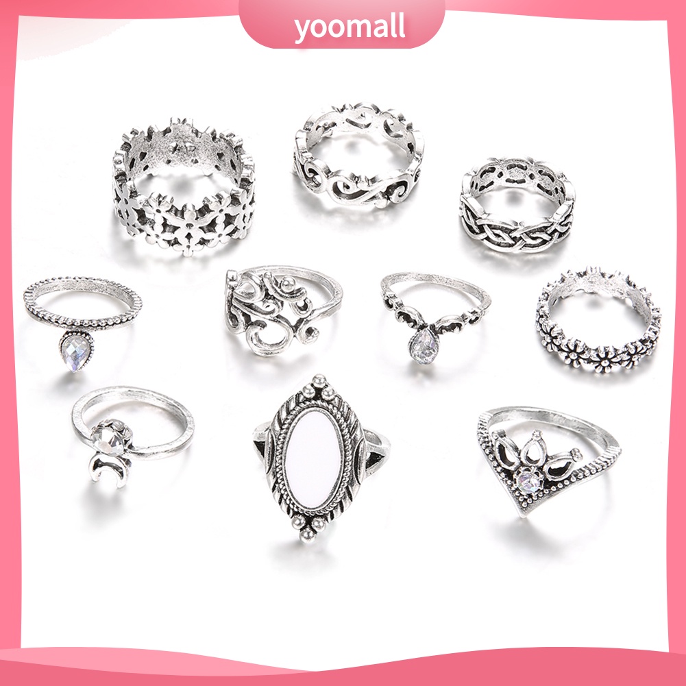 Set 10 Nhẫn Đốt Ngón Tay Đính Đá Opal Phong Cách Retro