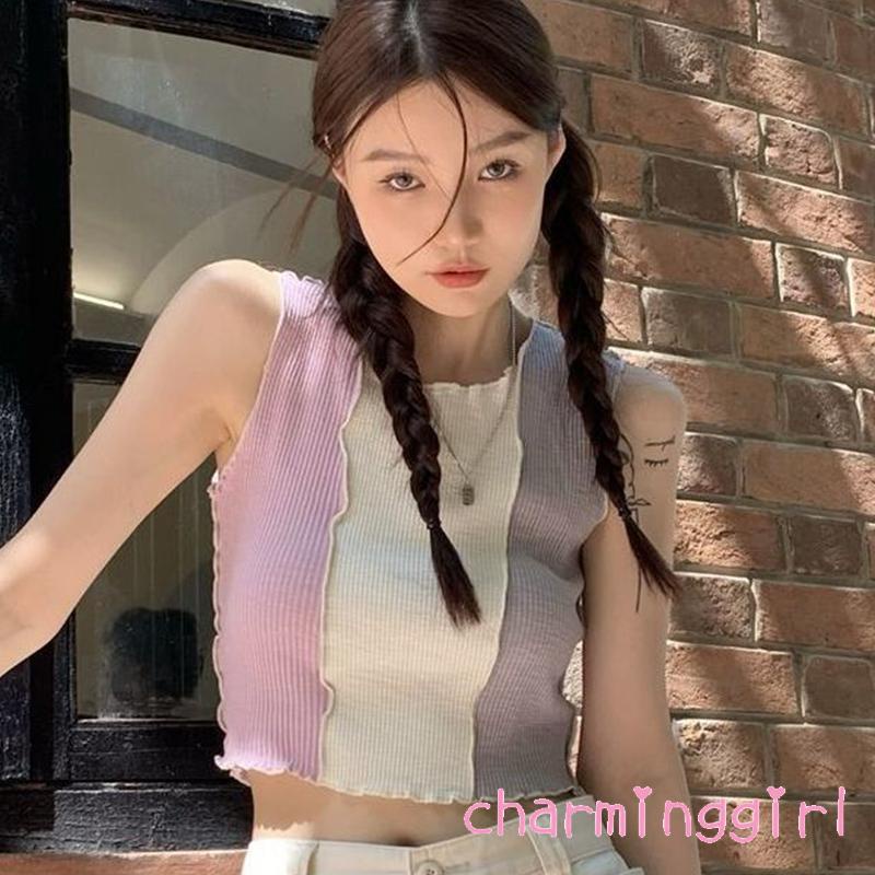 Áo Croptop Sát Nách Cổ Tròn Màu Sắc Tương Phản Thời Trang Mùa Hè Cho Nữ
