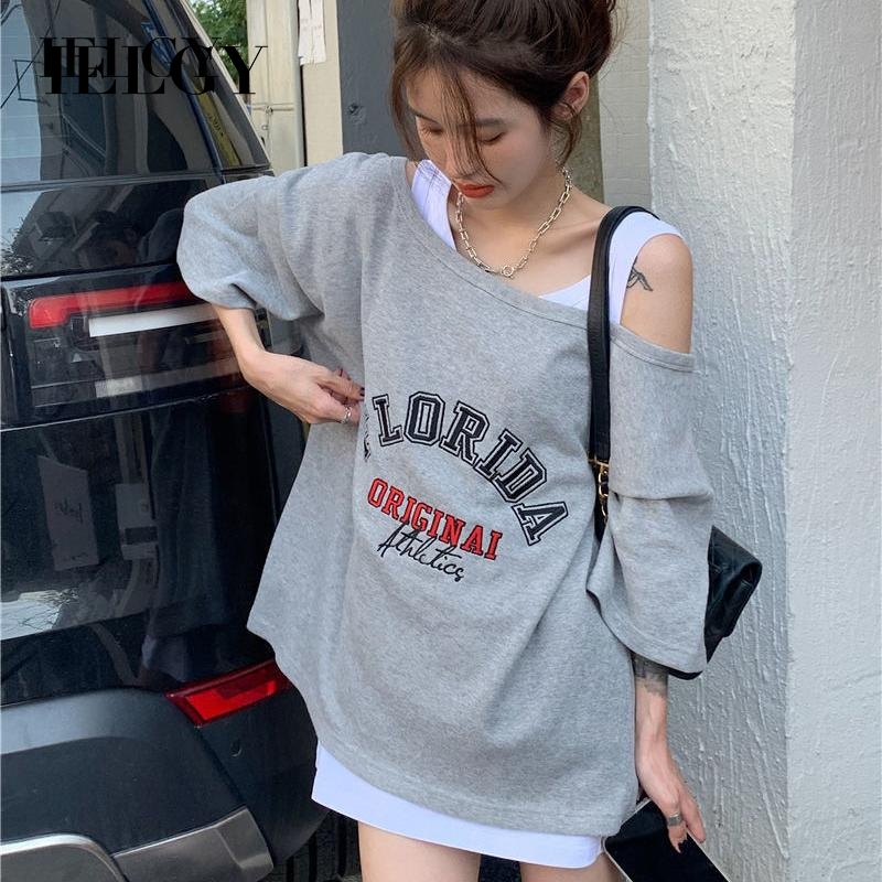 Áo thun IELGY tay ngắn dáng rộng hở vai phong cách Hàn Quốc thời trang cho nữ