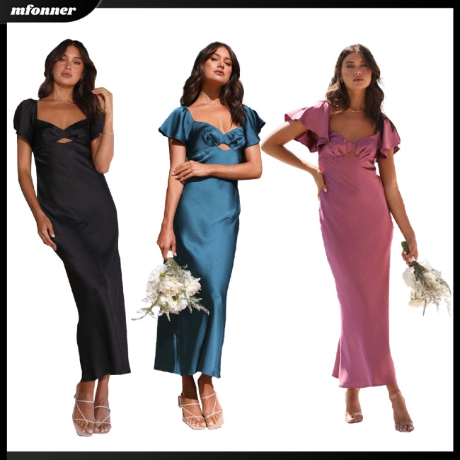 Đầm Midi Tay Ngắn Cổ Trái Tim Màu Sắc Thanh Lịch Dành Cho Nữ