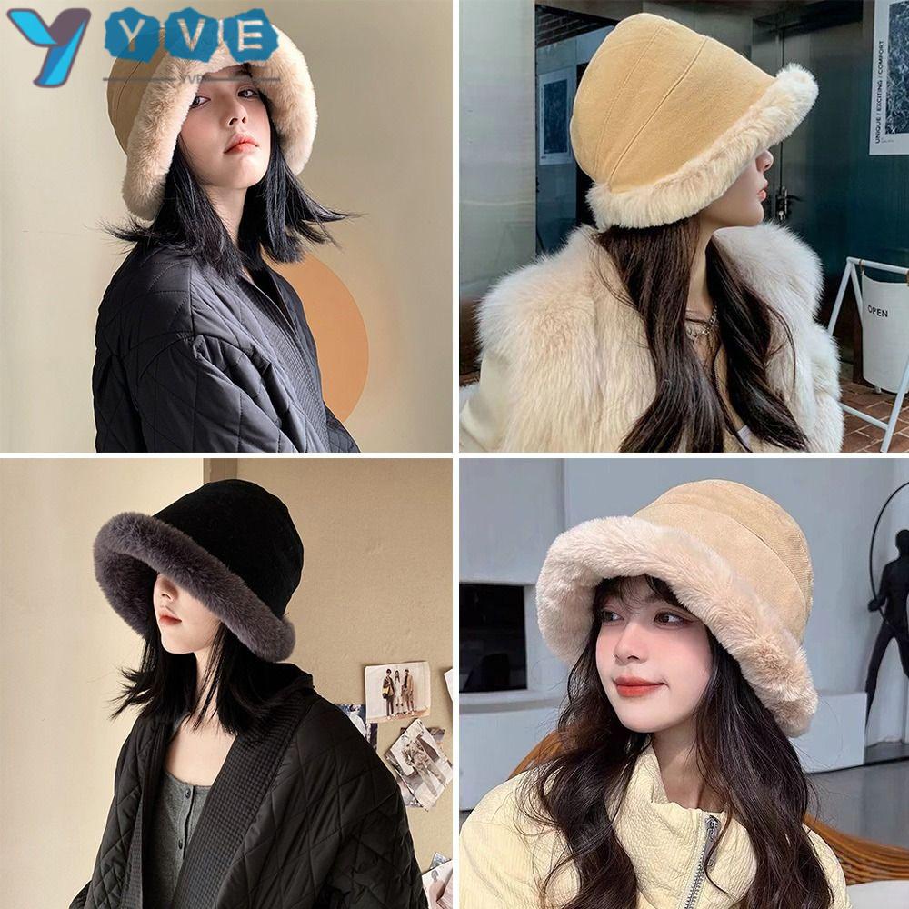 Mũ Bucket Chất Nhung Phối Lông Thú Thiết Kế Đơn Giản Hợp Thời Trang