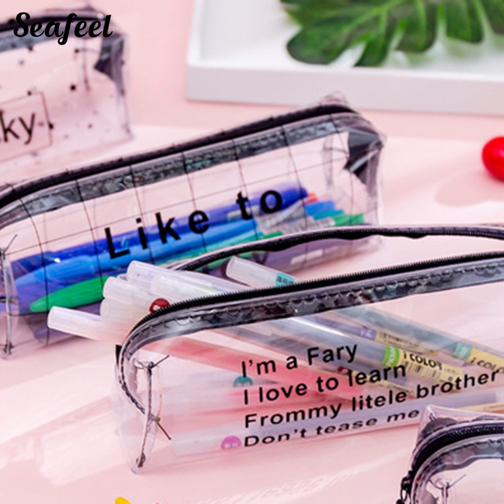 Túi Đựng Bút Trong Suốt In Chữ / Biển Dễ Thương Có Khóa Kéo Tiện Dụng