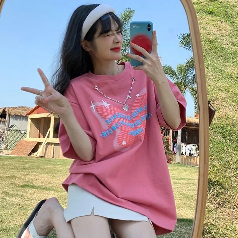 Áo Thun Ngắn Tay Dáng Rộng In Họa Tiết Phối Dây Xích Thời Trang Mùa Hè Hàn Quốc Mới Dành Cho Nữ