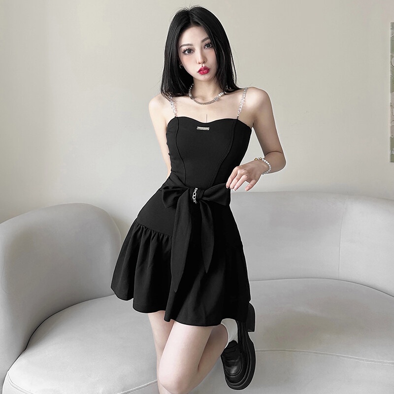 Kliou Đầm Hai Dây Dáng Chữ A Mini Màu Đen Trơn Đơn Giản Phong Cách Hàn Quốc Thời Trang 2023 Dành Cho Bạn Nữ