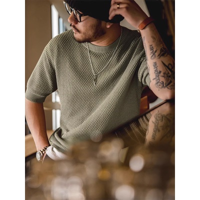 Áo Thun Lụa Lạnh Dệt Kim Tay Lửng Cổ Tròn Ba Chiều Phong Cách Retro Mỹ Giản Dị Dành Cho Nam