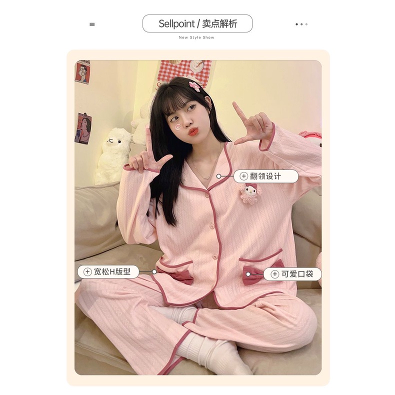 Bộ Đồ Ngủ Tay Dài Đính Nơ Phong Cách Hàn Quốc Thời Trang Xuân Thu Xinh Xắn Cho Nữ