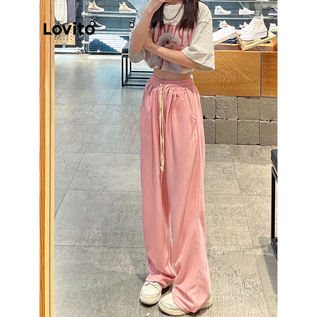 Lovito Quần ống rộng lưng vừa có túi trơn đơn giản dành cho nữ LNE15114 (Hồng)