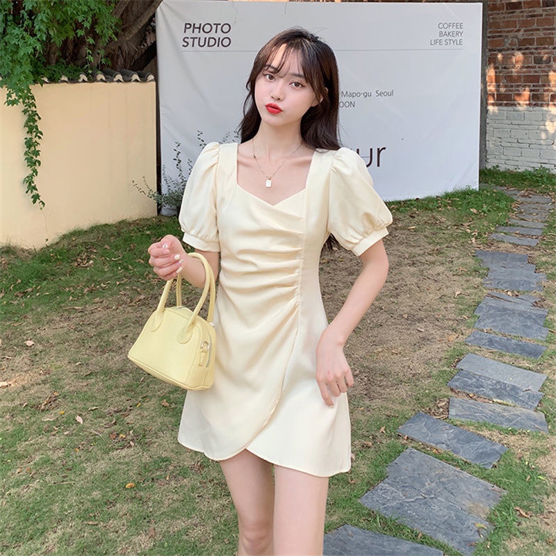 Đầm Mini Cổ Vuông Tay Phồng Xếp Ly Màu Trơn Thời Trang Mùa Hè Xinh Xắn Cho Nữ PJ