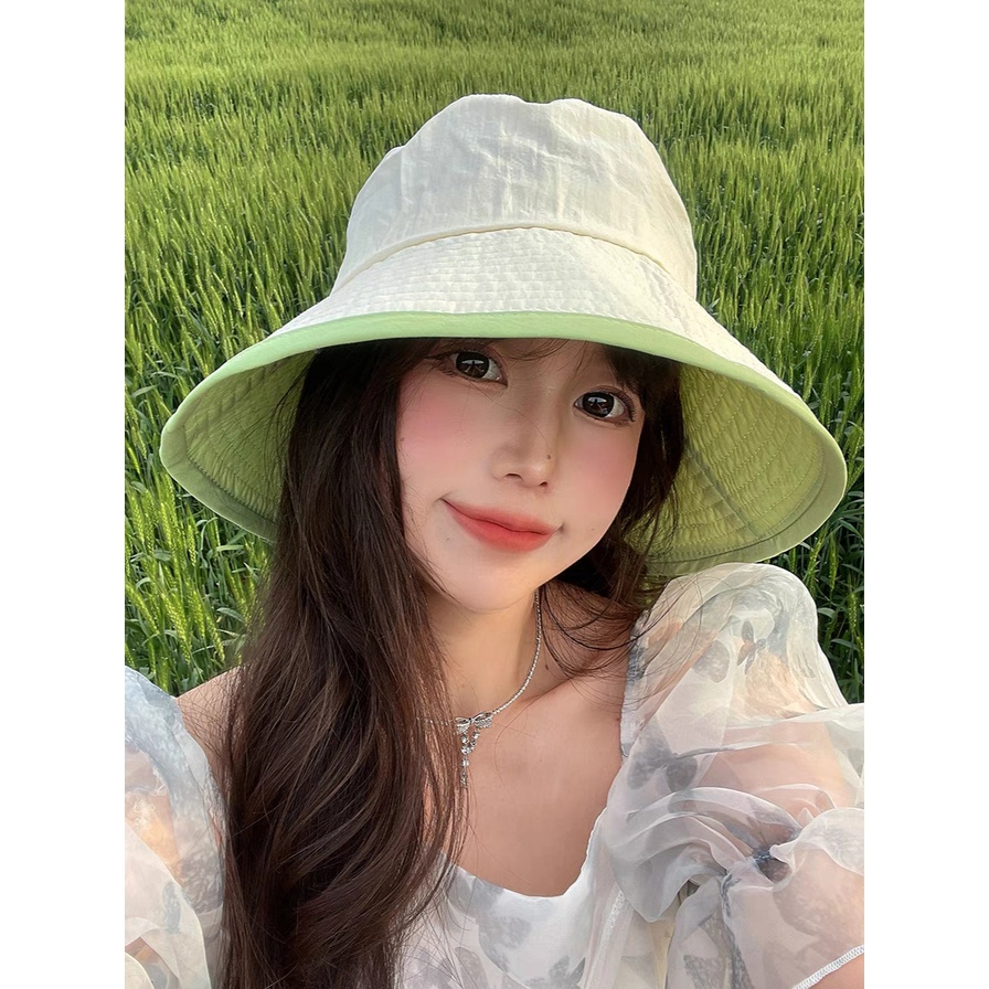 Mũ bucket 2 mặt cải viền màu độc đáo lạ mắt chất liệu thông thoáng mùa hè dã ngoại thời trang phong cách Hàn Quốc mới