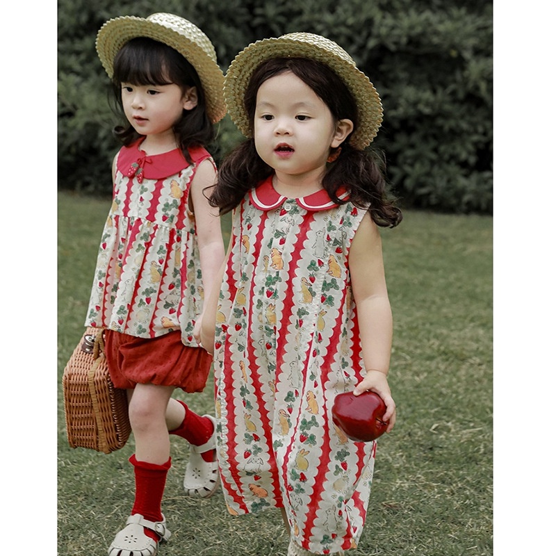 Quần áo trẻ em cô gái jumpsuit quần áo trẻ em cô gái jumpsuit không tay 2023 mùa hè phong cách mới bé dễ thương bunny in jumpsuit