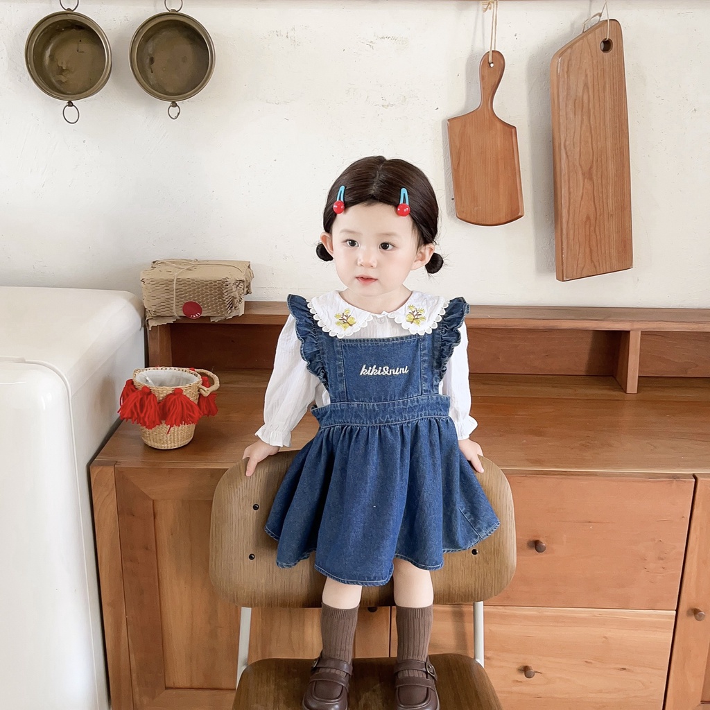 Bộ Áo Sơ Mi Thêu Hoa + Chân Váy Yếm Denim Phong Cách Hàn Quốc Thời Trang Mùa Thu Cho Bé Gái MNGB