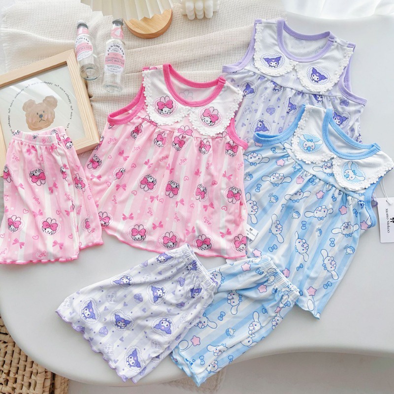 Bộ Đồ Áo Thun Không Tay In Hoạt Hình Kuromi Melody Cinnamoroll Kèm Quần Dành Cho Bé Gái