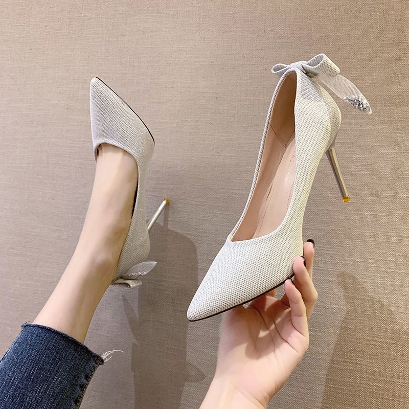 Giày Cao Gót Mũi Nhọn Đính Nơ Thời Trang Pháp Cho Nữ