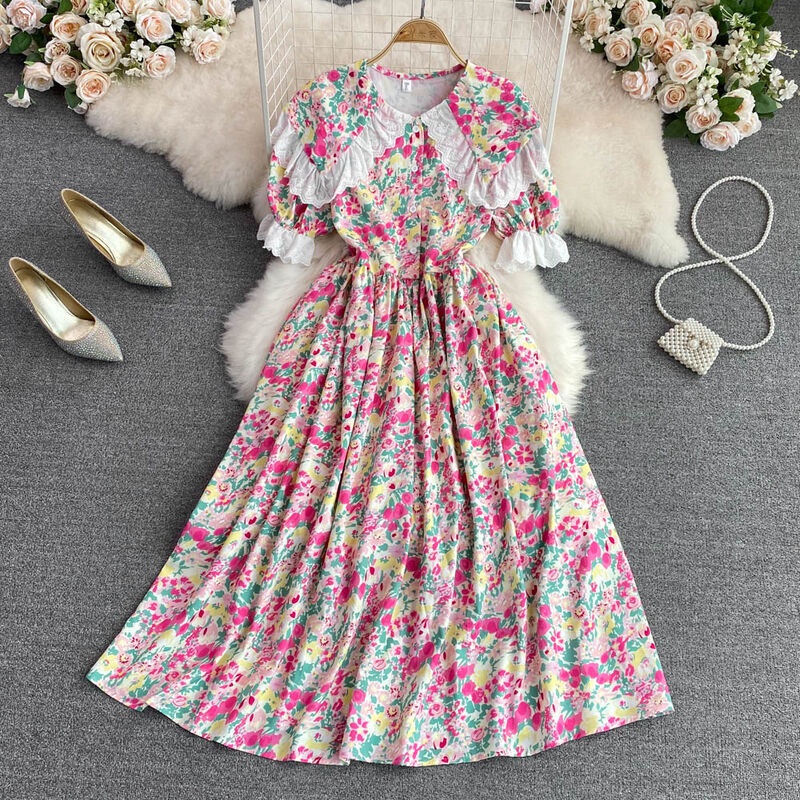 Đầm Dáng Chữ a Cổ Búp Bê Họa Tiết Hoa Phong Cách Retro Thanh Lịch