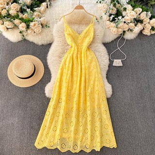 Đầm Dài Cổ Chữ V Lưng Cao Hở Lưng Màu Trơn Thời Trang Mùa Hè Cho Nữ