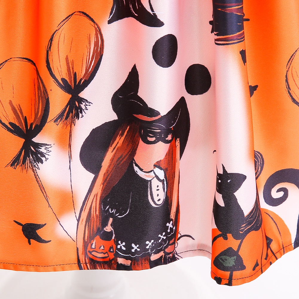 Đầm Hóa Trang Halloween Phối Ren Họa Tiết Bí Ngô Phù Thủy Kèm Túi Đựng Cho Bé Gái