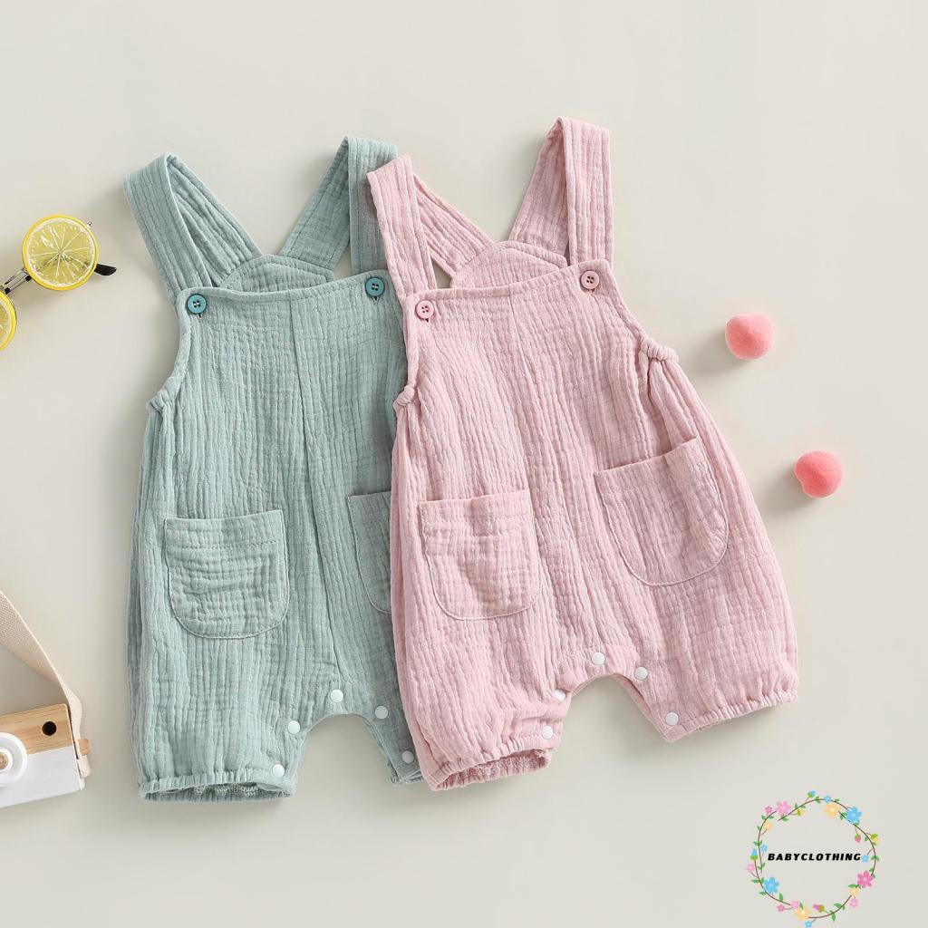 Babyclothes-baby summer suspenders Áo liền quần màu rắn không tay romper có túi cho trẻ sơ sinh bé trai bé gái