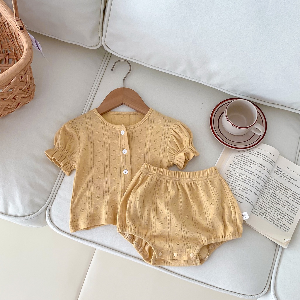 Set Đồ Mùa Hè 2 Món Gồm Áo Sơ Mi Tay Cộc Màu Vàng / Be + Quần Ngắn Cho Bé Gái Sơ Sinh 0-24