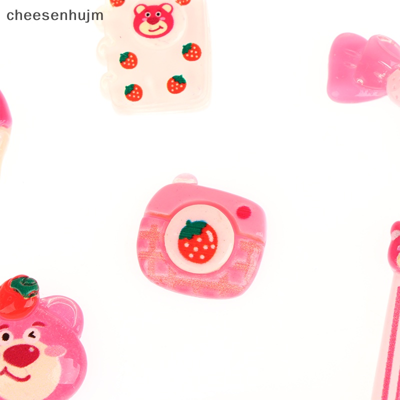 Set 10 Kẹp Tóc Hình Gấu Hồng / Dâu Tây Bằng Nhựa Resin DIY